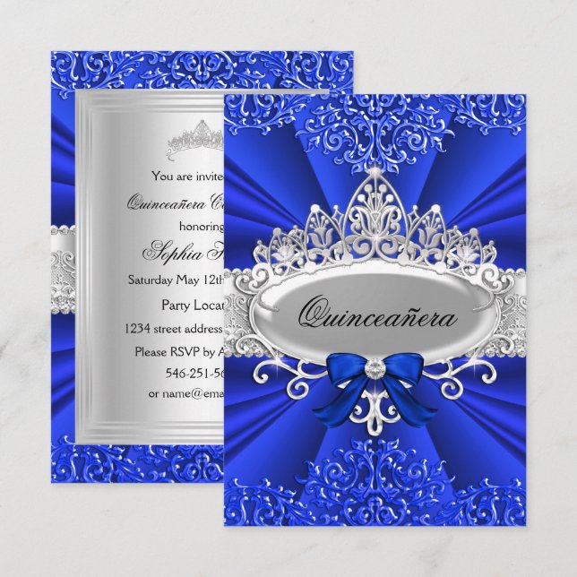 Blue Tiara & Damask Quinceanera Invitation (Devant / Derrière)