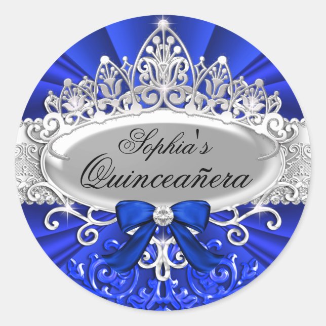 Blue Tiara & Damask Quinceanera Sticker (Vorderseite)