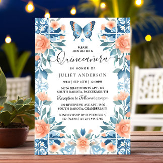 Blue Tiara Family Latina Girly Spanish Quinceanera Einladung