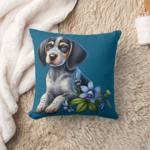 Blue Tick Hound Puppy mit zarten blauen Blüten Kissen