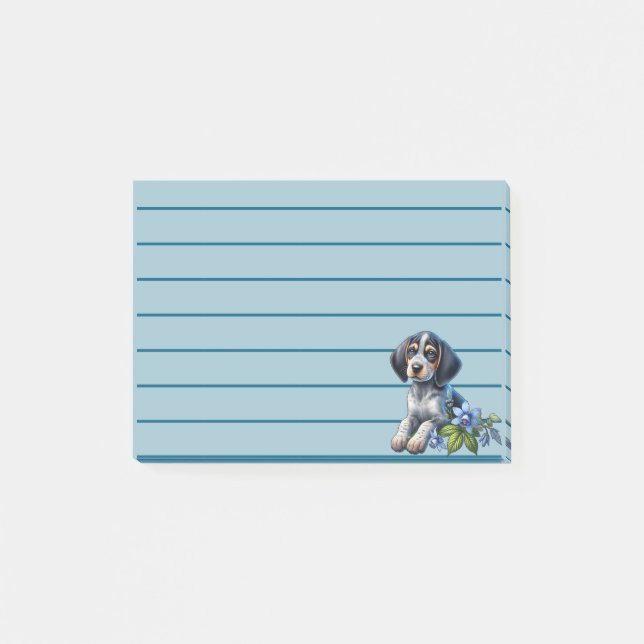 Blue Tick Hound Puppy mit zarten blauen Blüten Post-it Klebezettel (Vorderseite)