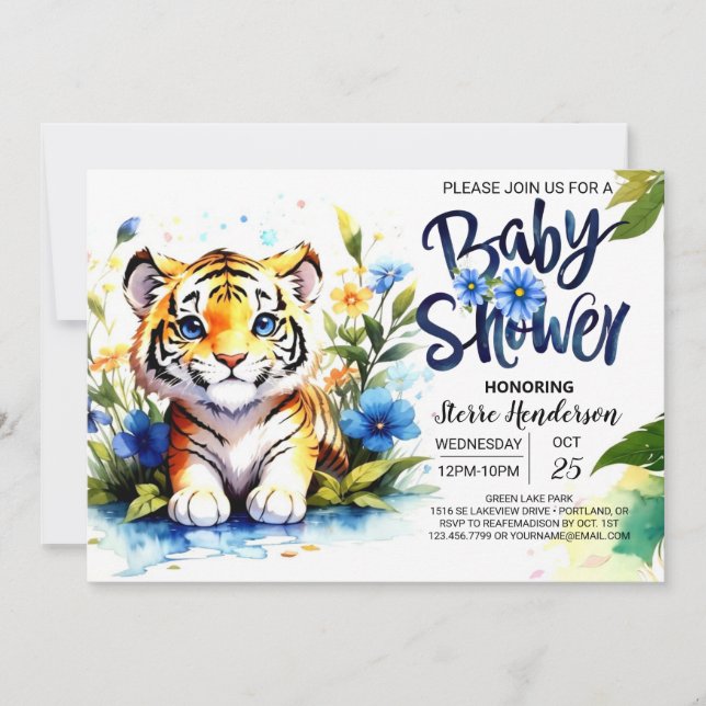 Blue Tiger Cub Baby Dusche Einladung (Vorderseite)