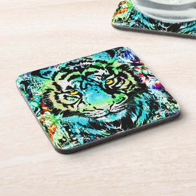 Blue Tiger Head - Tiger Portrait Beverage Coaster Getränkeuntersetzer (Linke Seite)