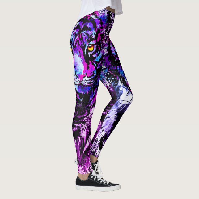 Blue Tiger Head Zeichnend | Lila Tiger - Leggings (Rechts)