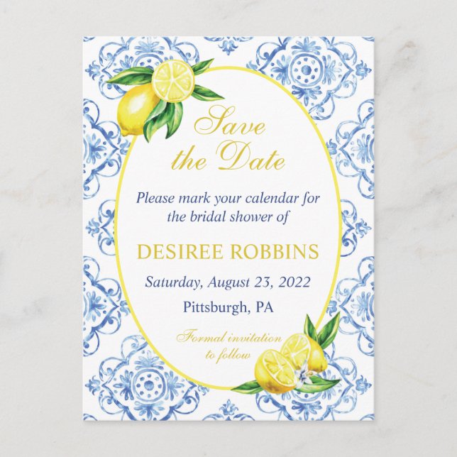 Blue Tile Floral Lemon Bridal Shower Save the Date Postkarte (Vorderseite)