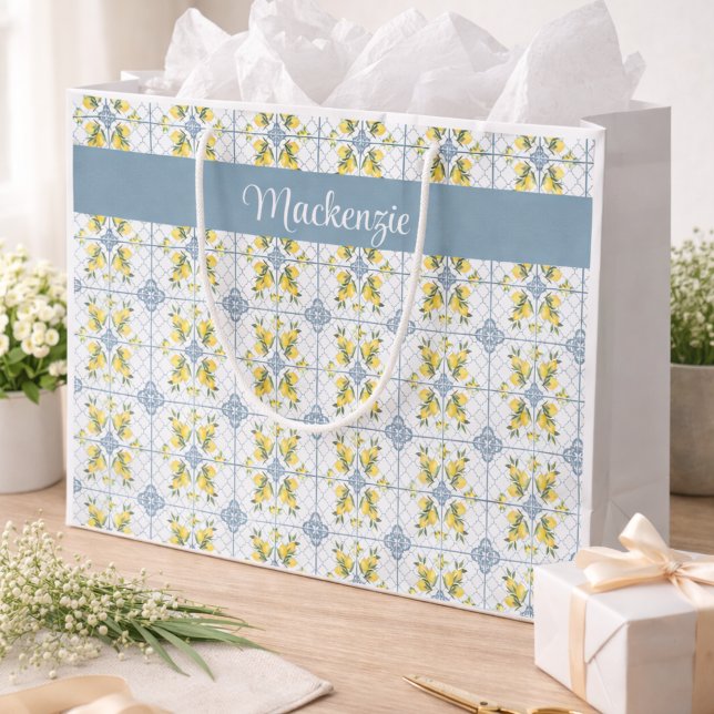 Blue Tile French Country Lemon Name Monogram Große Geschenktüte (Von Creator hochgeladen)
