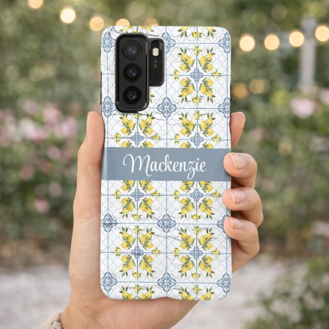 Blue Tile French Country Lemon Name Monogram Samsung Galaxy Hülle (Von Creator hochgeladen)