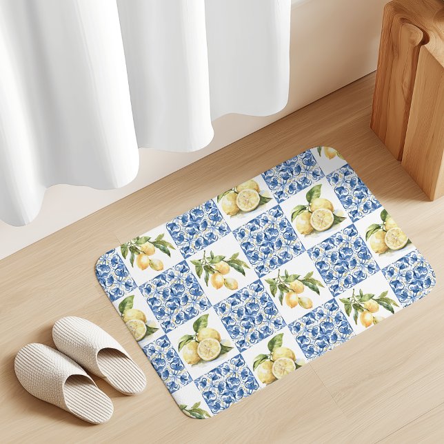 Blue Tile French Country Lemon Pattern Badematte (Von Creator hochgeladen)