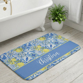 Blue Tile French Country Lemon Pattern Monogram Badematte