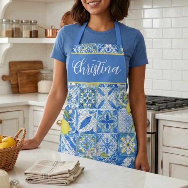 Blue Tile French Country Lemon Pattern Provencal Schürze (Von Creator hochgeladen)