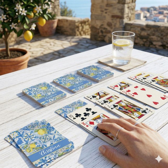 Blue Tile French Country Lemon Pattern Provencal Spielkarten (Von Creator hochgeladen)