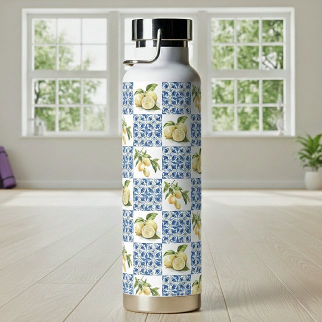 Blue Tile French Country Lemon Pattern Trinkflasche (Von Creator hochgeladen)