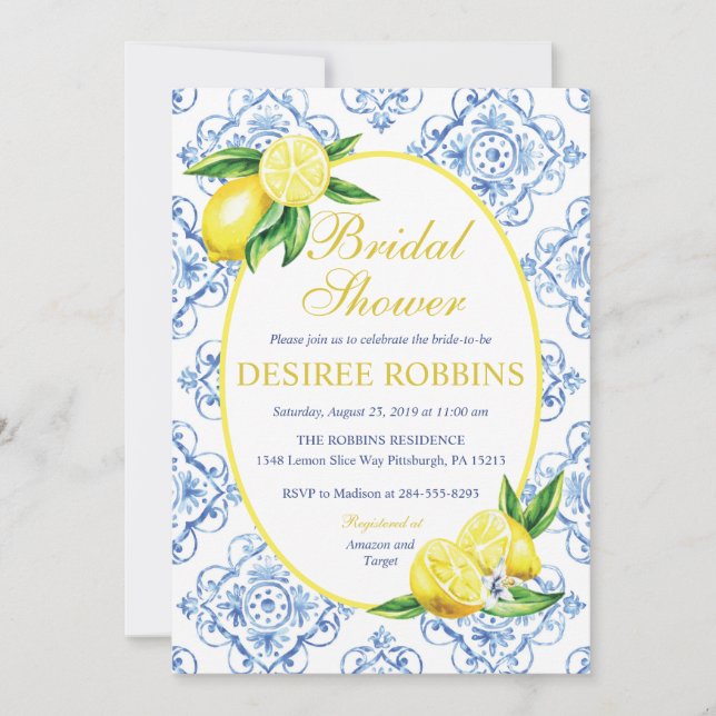 Blue Tile Italian Floral Lemon Brautparty Einladung (Vorderseite)