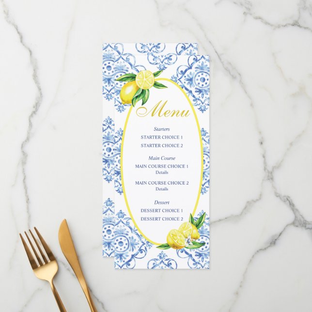 Blue Tile Italian Floral Lemon Dinner Menükarte (Vorderseite/Rückseite Beispiel)