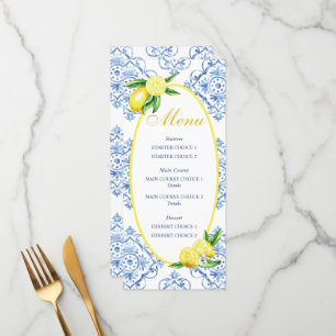Blue Tile Italian Floral Lemon Dinner Menükarte