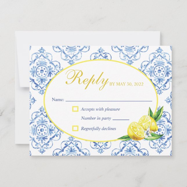 Blue Tile Italian Floral Lemon Response Card RSVP Karte (Vorderseite)