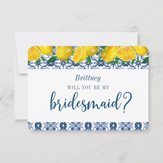 Blue Tile Italian Lemon Bridesmaid Vorschlag Card Einladung (Vorderseite)