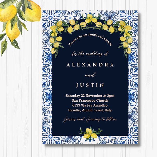 Blue Tile Italian Lemon Mediterranean Wedding Folieneinladung (Von Creator hochgeladen)