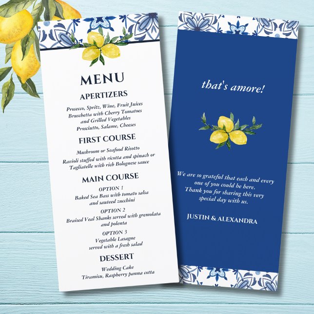 Blue Tile Italian Lemon Mediterranean Wedding Menükarte (Von Creator hochgeladen)