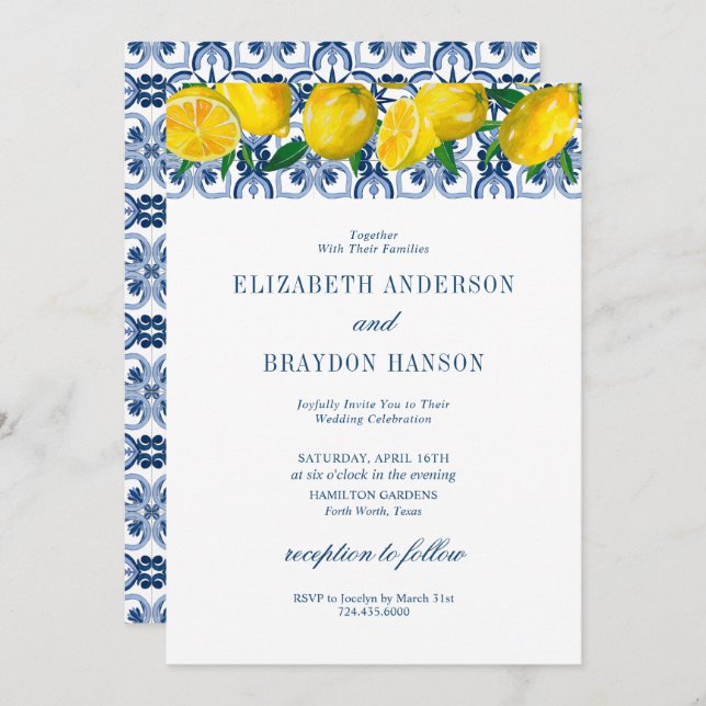 Blue Tile Italian Lemon Wedding Einladung (Vorne/Hinten)