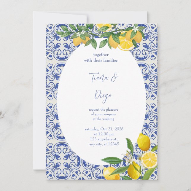 Blue Tile Italian Lemon Wedding Einladung (Vorderseite)