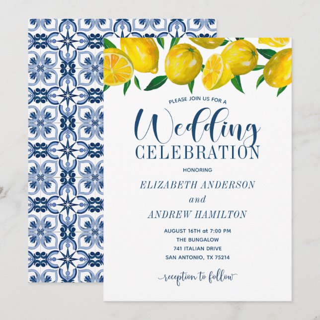 Blue Tile Italian Lemon Wedding Invitation Einladung (Vorne/Hinten)