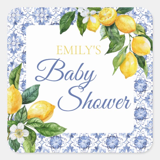 Blue Tile Lemon Baby Dusche Quadratischer Aufkleber (Vorderseite)