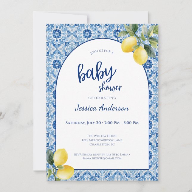 Blue Tile Lemon Baby Shower Invitation (Devant)