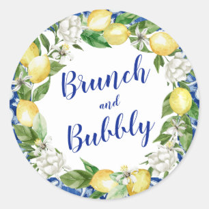 Blue Tile Lemon Bridal Brunch Bubbly Runder Aufkleber