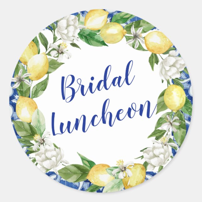 Blue Tile Lemon Bridal Luncheon Runder Aufkleber (Vorderseite)