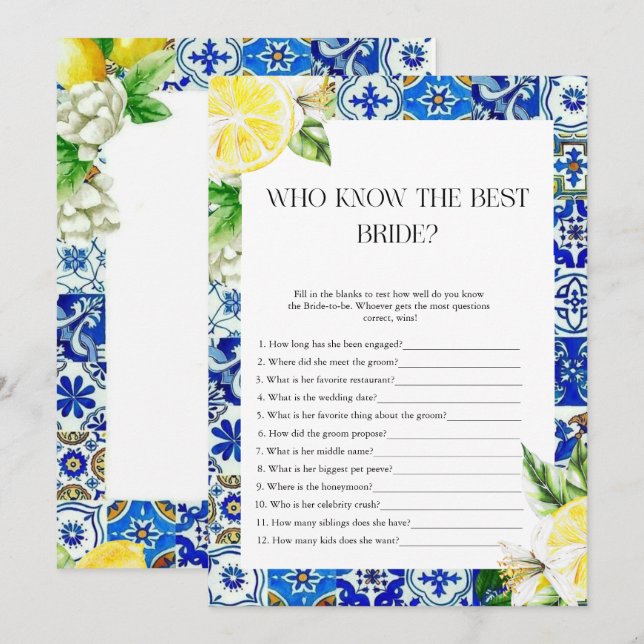 Blue Tile Lemon Bridal Showerspiel Einladung (Vorne/Hinten)