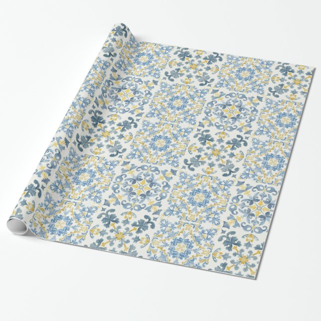 Blue Tile Lemon Geschenkpapier (Ungerollt)