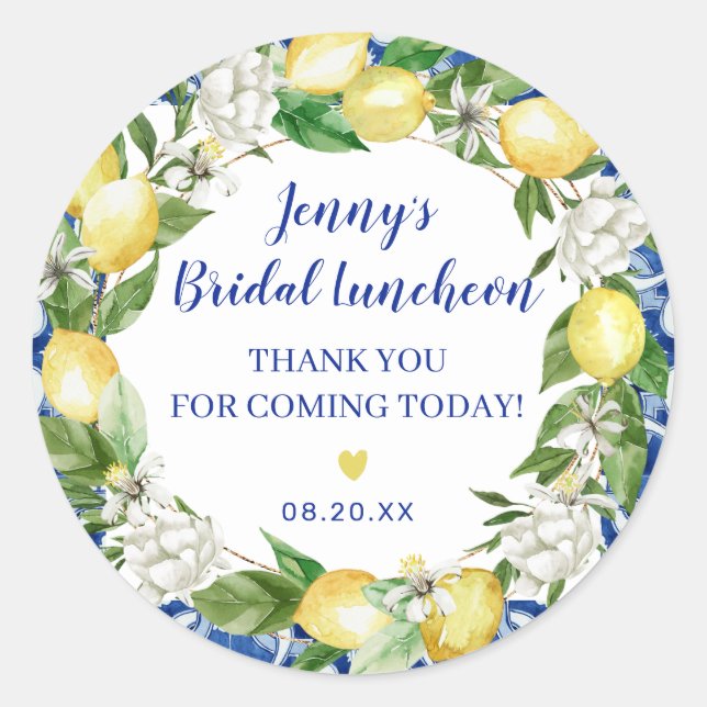 Blue Tile Lemon Italian Bridal Luncheon Runder Aufkleber (Vorderseite)