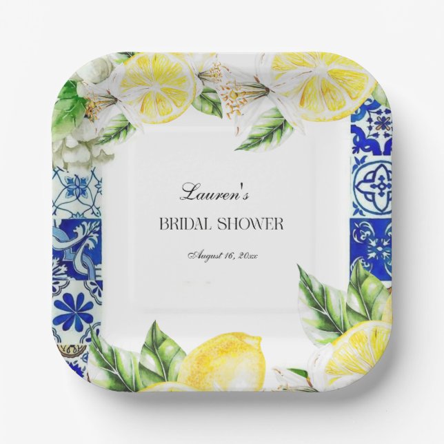Blue Tile Lemon Italian Bridal Shower  Pappteller (Vorderseite)