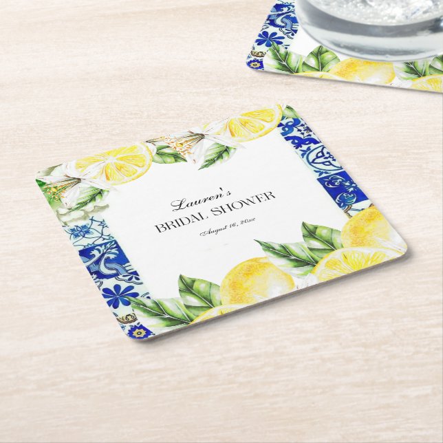 Blue Tile Lemon Italienischer Brautparty Empfang Rechteckiger Pappuntersetzer (angewinkelt)