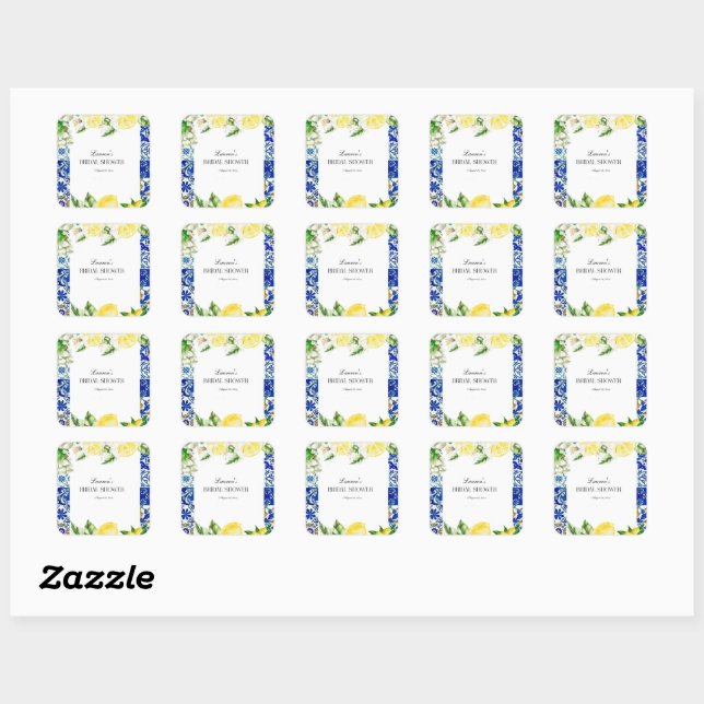 Blue Tile Lemon Italienisches Brautparty Quadratischer Aufkleber (Blatt)