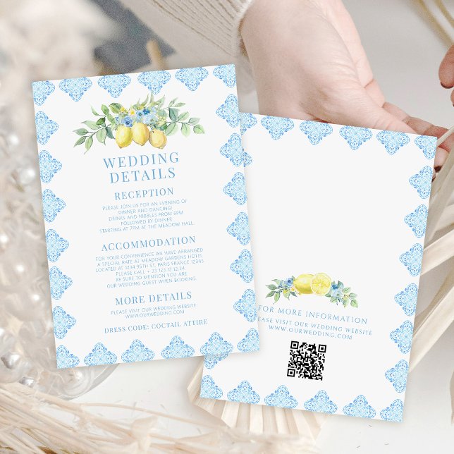 Blue Tile Lemon Mediterranean Wedding Details Begleitkarte (Von Creator hochgeladen)
