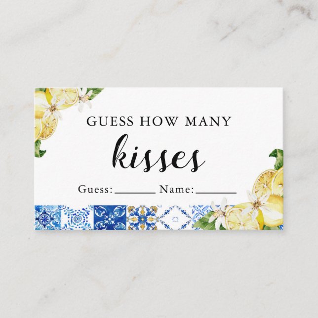 Blue Tile Lemon Wie viele Kisses Brautparty Game Platzkarte (Vorderseite)
