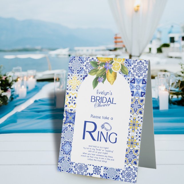 Blue Tile & Lemons Brautparty Ring Game Tischaufsteller (Von Creator hochgeladen)