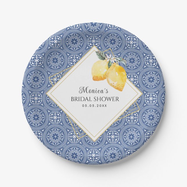 Blue Tile & Lemons Spanisches Italienisches Brautp Pappteller (Vorderseite)