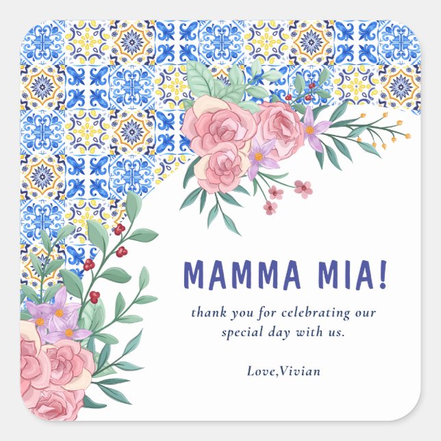 Blue Tile Mamma Mia Baby Dusche Quadratischer Aufkleber (Vorderseite)