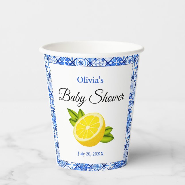 Blue Tile Mediterranean Lemon Baby Dusche Pappbecher (Vorderseite)