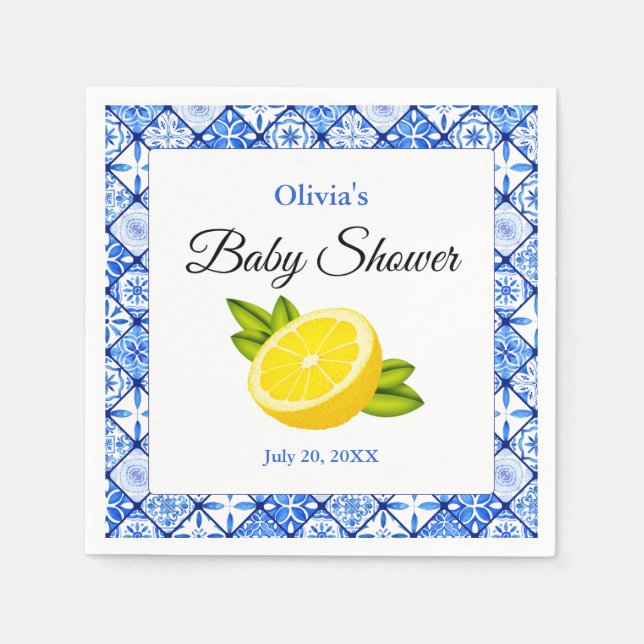 Blue Tile Mediterranean Lemon Baby Dusche Serviette (Vorderseite)