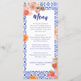 Blue Tile Orange Italian Brautparty Menu Card Menükarte