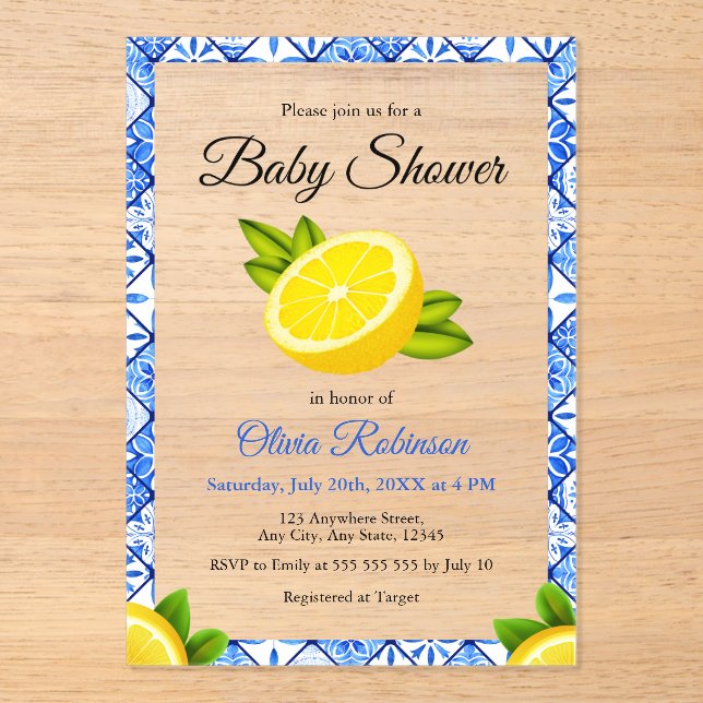 Blue Tile Positano Lemon Babydusche Acryleinladungen (Vorderseite)