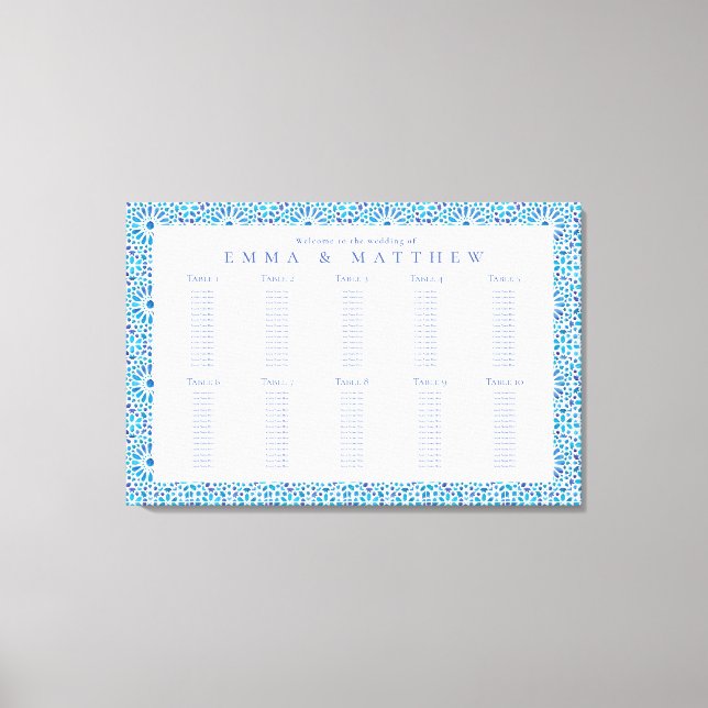 Blue Tile Wedding Chart finden Sie Ihren Sitzplatz Leinwanddruck (Vorderseite)
