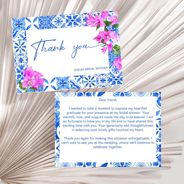 Blue Tiles Bougainvillea elegantes Brautparty Dankeskarte (Blue Tiles Bougainvillea Mediterranean elegant bridal shower Thank You Card )