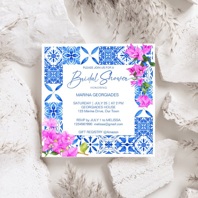 Blue Tiles Bougainvillea elegantes Brautparty Einladung (Blue Tiles Bougainvillea Mediterranean Italian themed elegant bridal shower Invitation template)