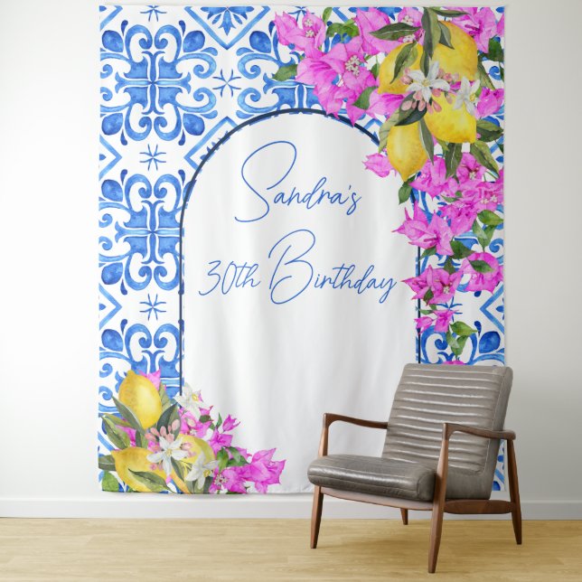 Blue Tiles Bougainvillea Elegantes Foto Wandteppich (Beispiel)