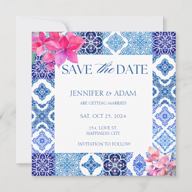 Blue Tiles Bougainvillea Floral Save the Date Einladung (Vorderseite)